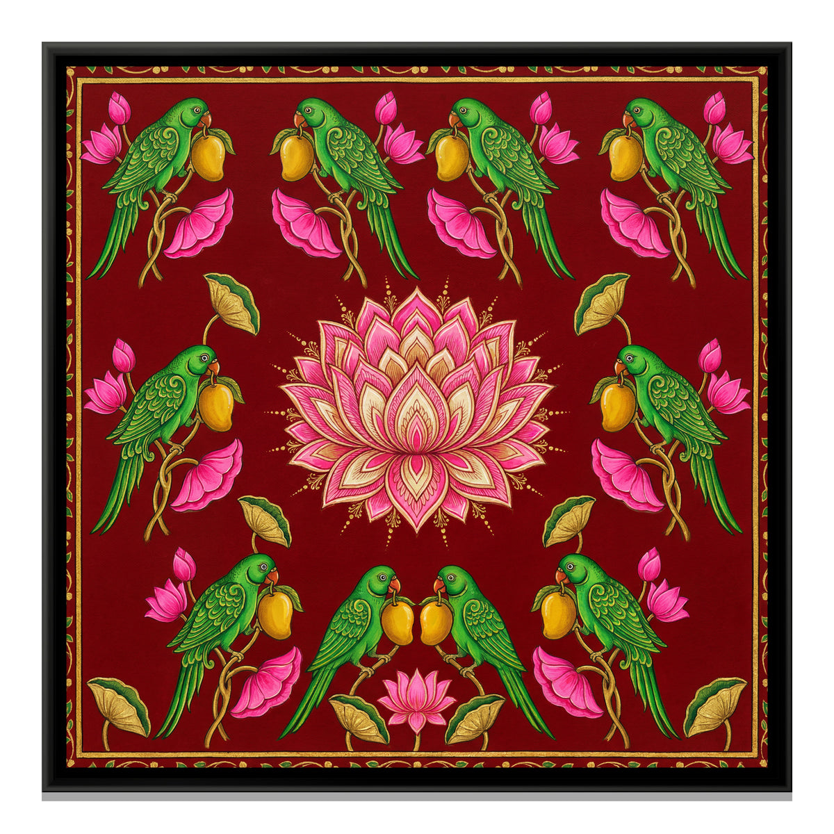 Pichwai Parrots and Lotus — framed canvas print, front view
