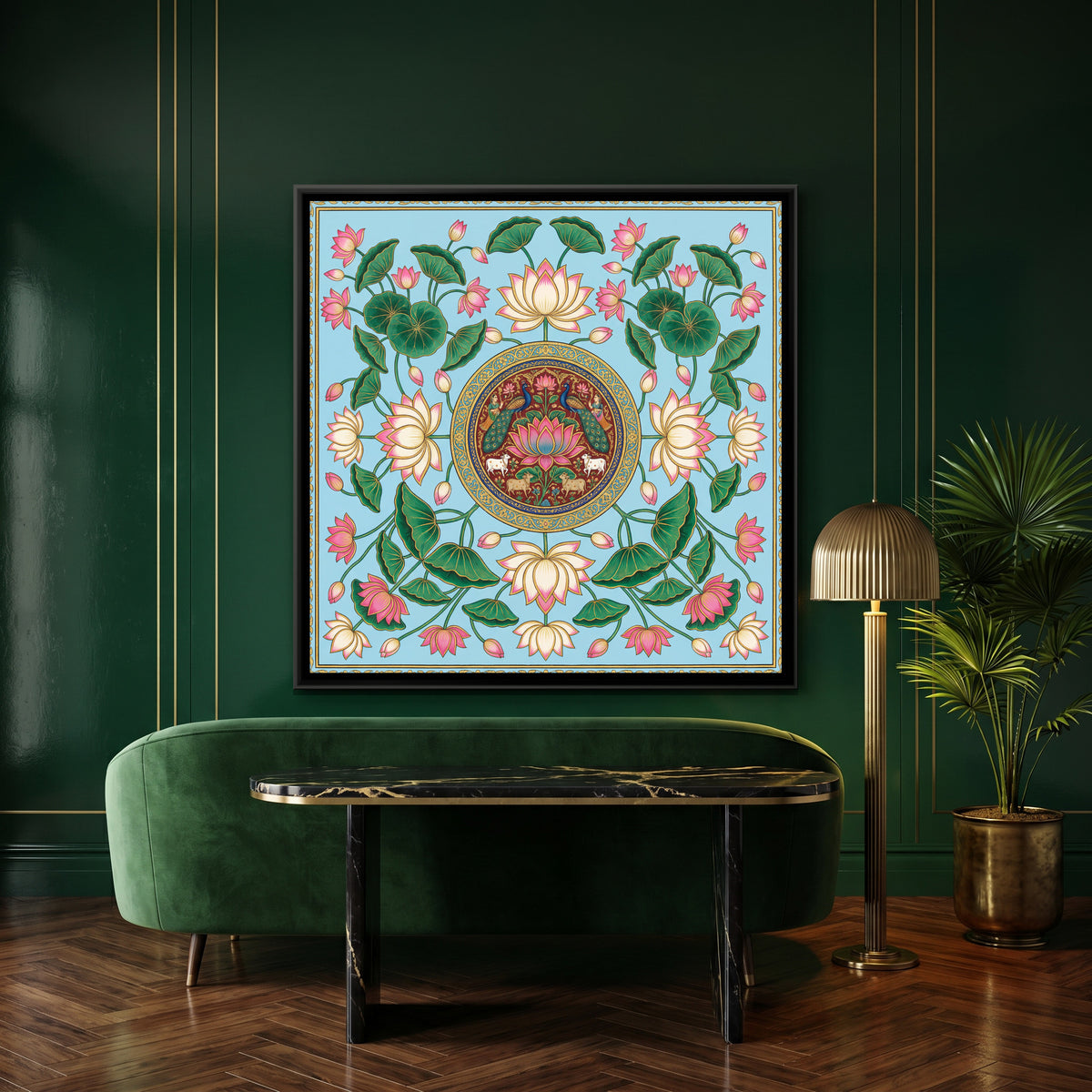 Pichwai Lotus Jaal — canvas art shown in a styled room