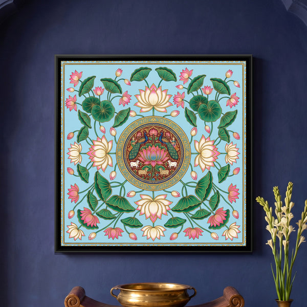 Pichwai Lotus Jaal — framed canvas art hung on a wall