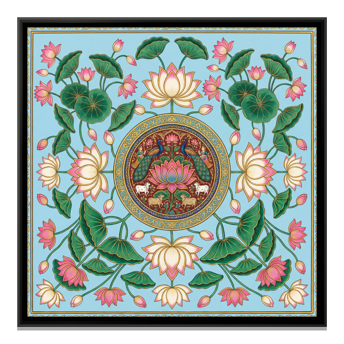 Pichwai Lotus Jaal — framed canvas print, front view