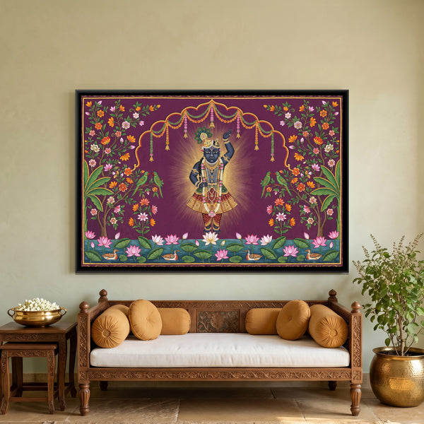 Pichwai Shrinathji — framed canvas art hung on a wall
