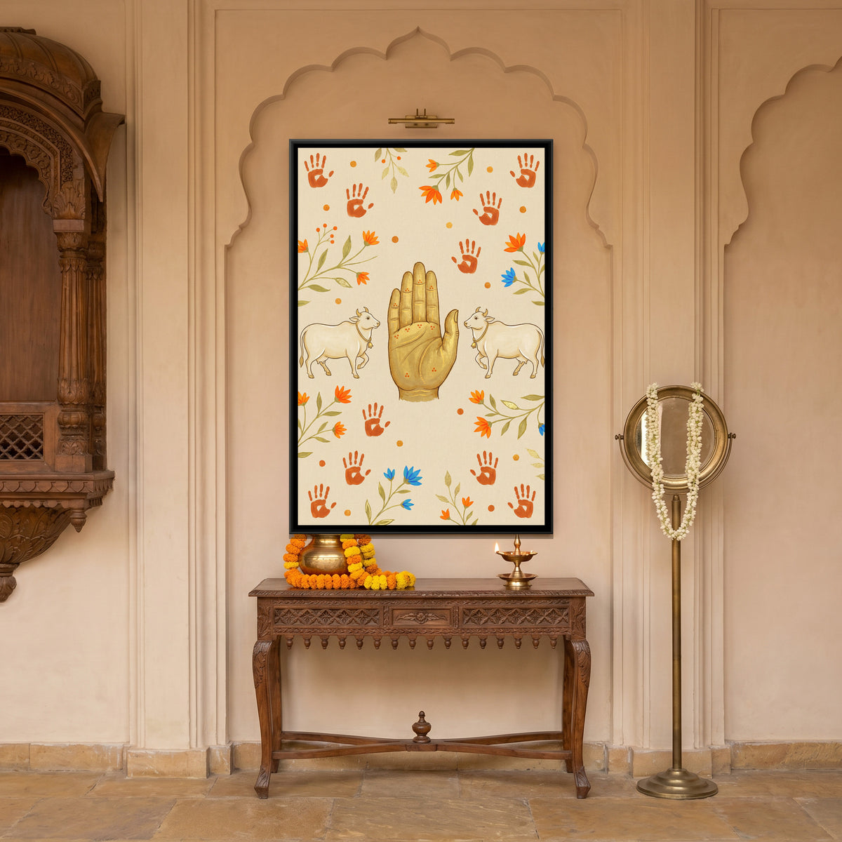 Cows and Blessing Hand — canvas art shown in a styled room