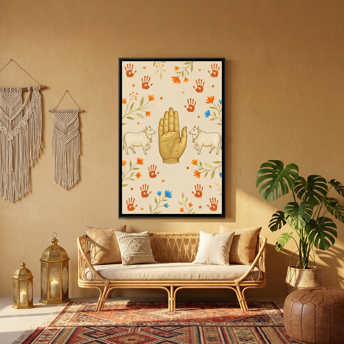 Cows and Blessing Hand — canvas art shown in a second room setting