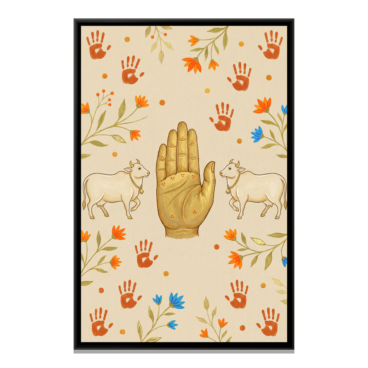 Cows and Blessing Hand — framed canvas print, front view
