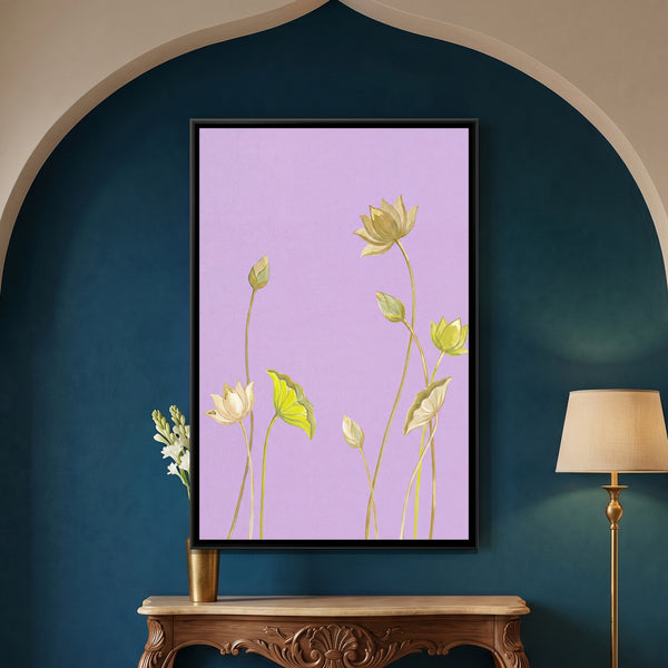 Pichwai Lotus Buds — framed canvas art hung on a wall
