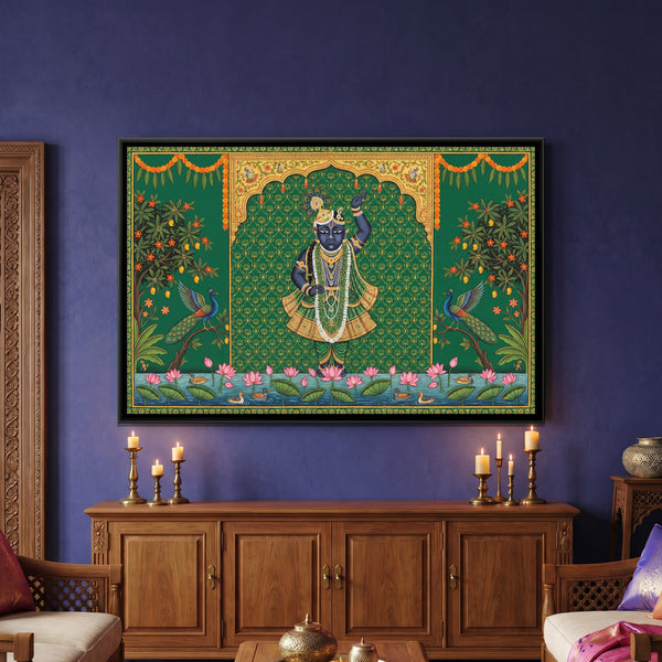 Pichwai Shrinathji — framed canvas art hung on a wall