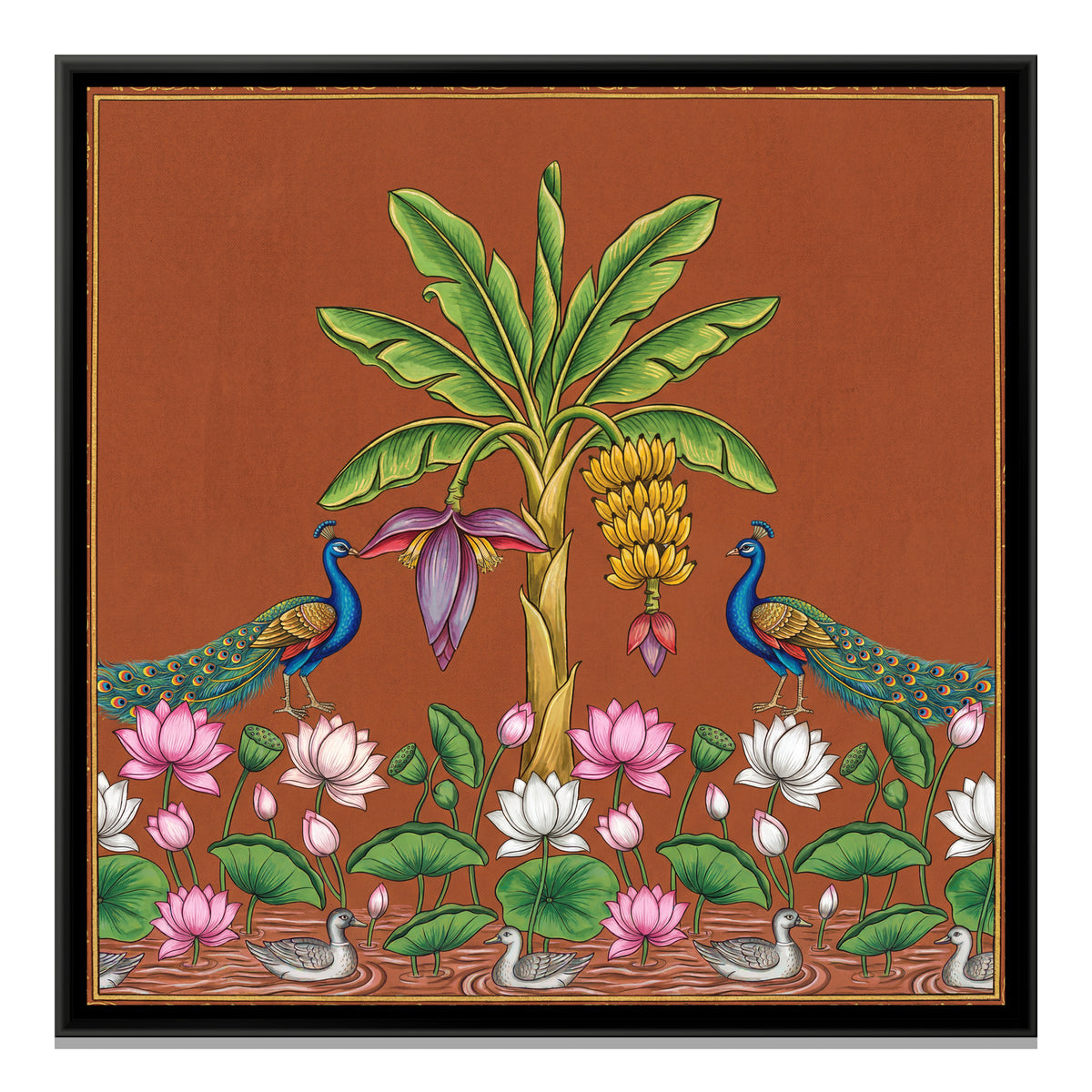 Pichwai Banana Tree — framed canvas print, front view