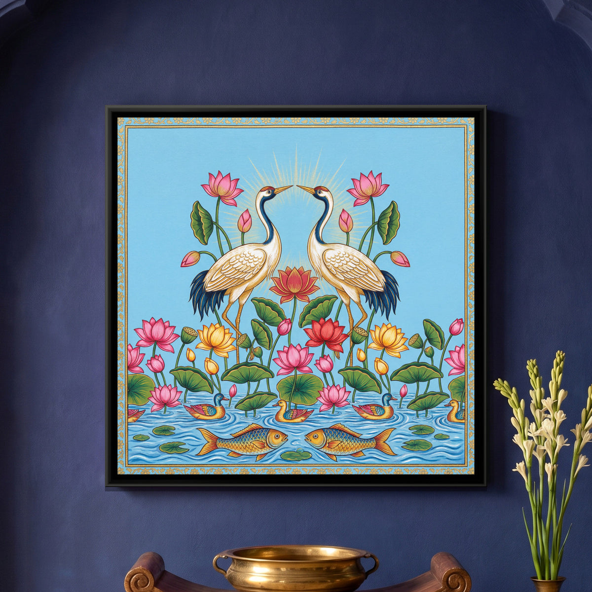 Pichwai Cranes and Lotus — framed canvas art hung on a wall