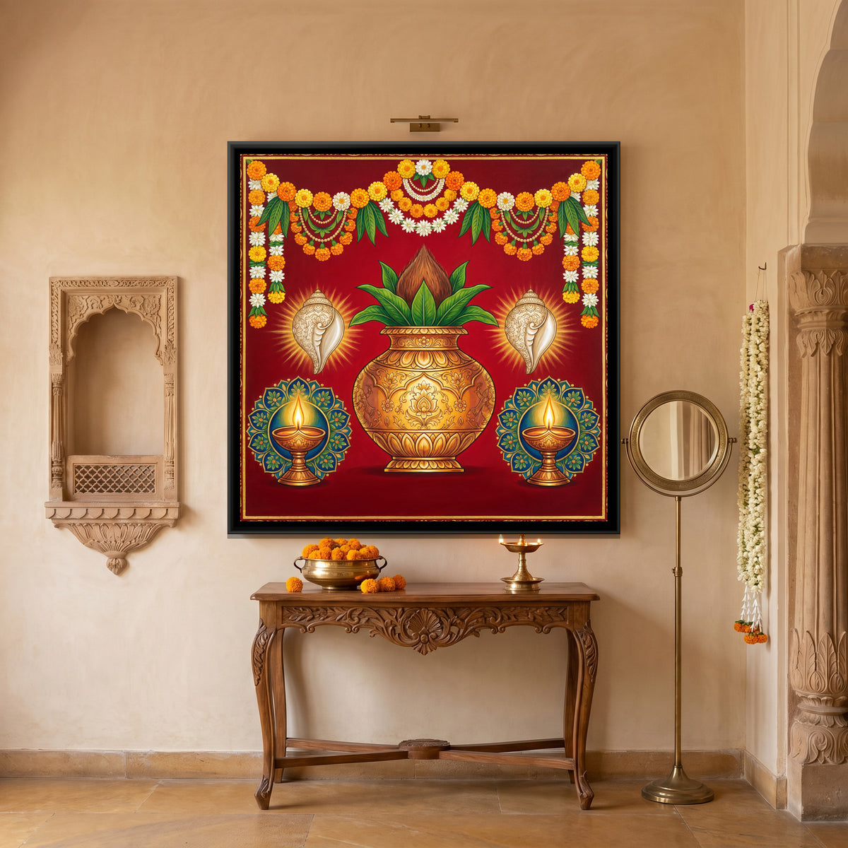 Pichwai Kalash — canvas art shown in a second room setting