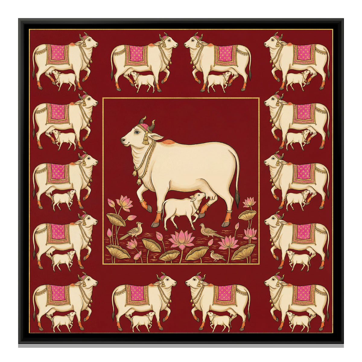 Pichwai Cow and Calf — framed canvas print, front view
