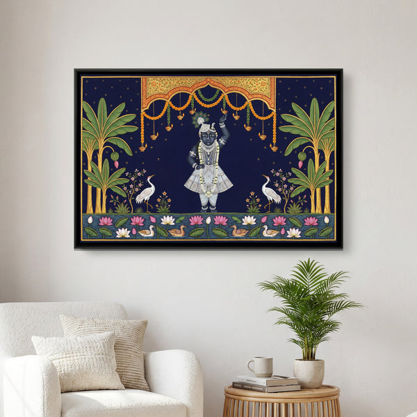Pichwai Shrinathji — framed canvas art hung on a wall