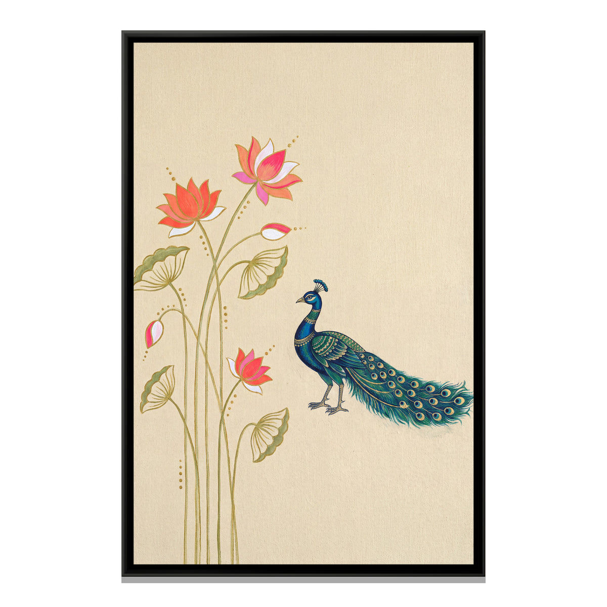 Pichwai Peacock and Lotus — framed canvas print, front view