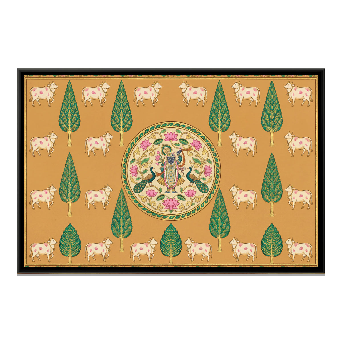 Pichwai Cows and Trees — framed canvas print, front view