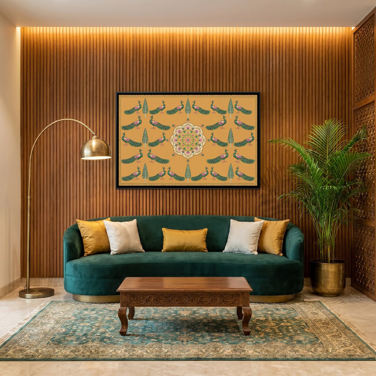 Pichwai Peacocks — canvas art shown in a second room setting