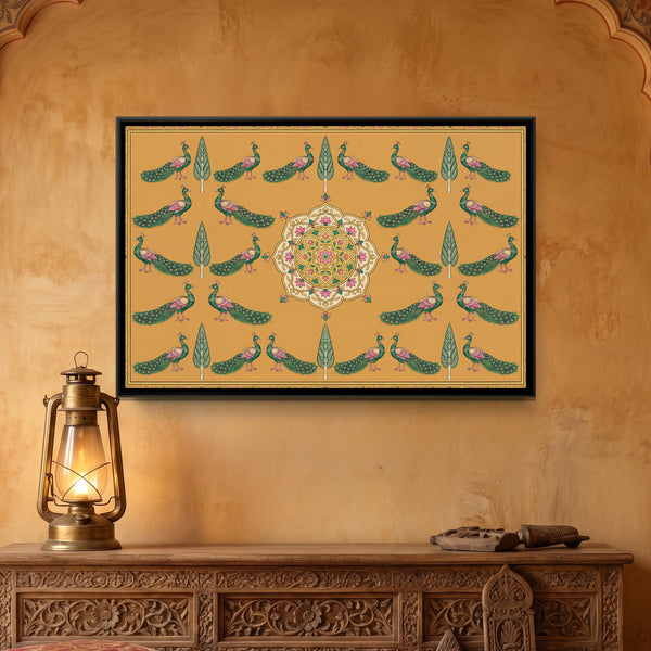 Pichwai Peacocks — framed canvas art hung on a wall