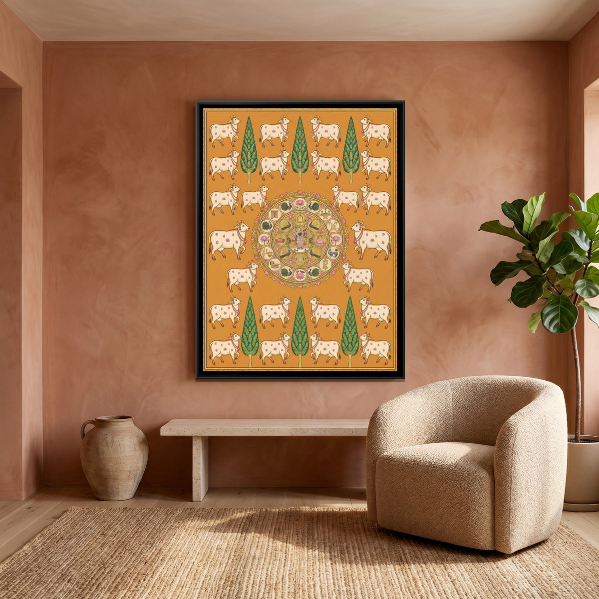 Pichwai Cows — canvas art shown in a second room setting