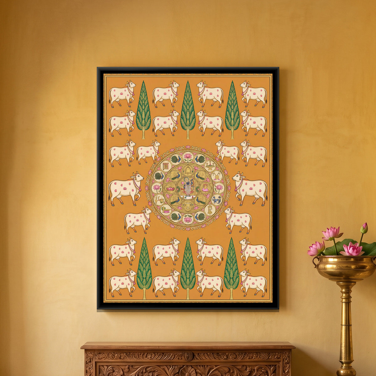 Pichwai Cows — framed canvas art hung on a wall