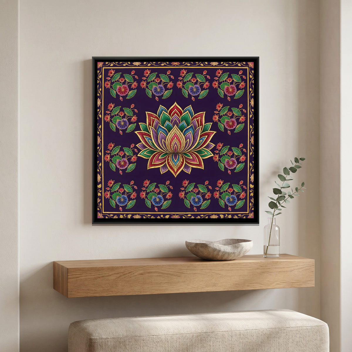 Pichwai Lotus Grid — canvas art shown in a styled room