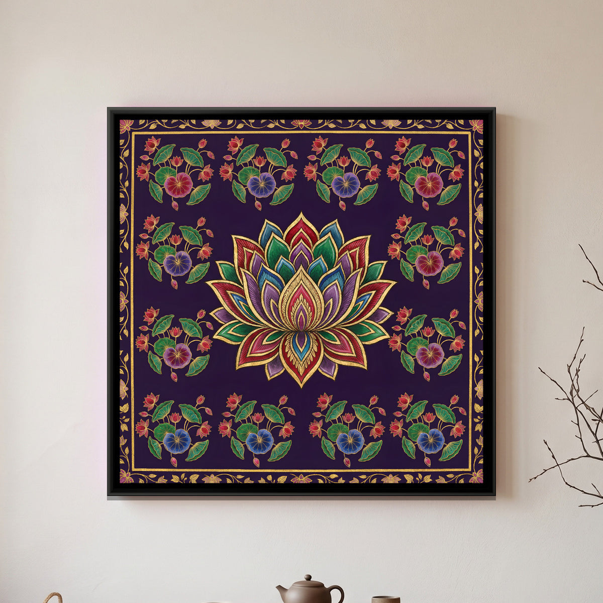 Pichwai Lotus Grid — framed canvas art hung on a wall