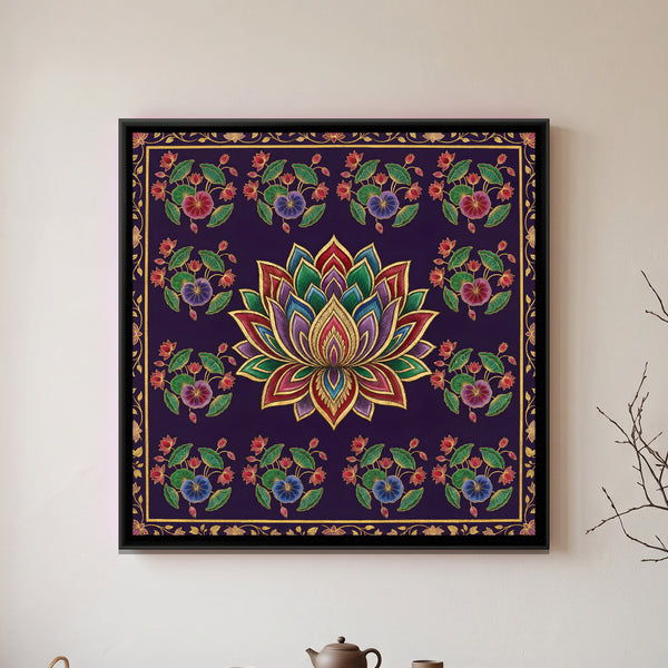 Pichwai Lotus Grid — framed canvas art hung on a wall