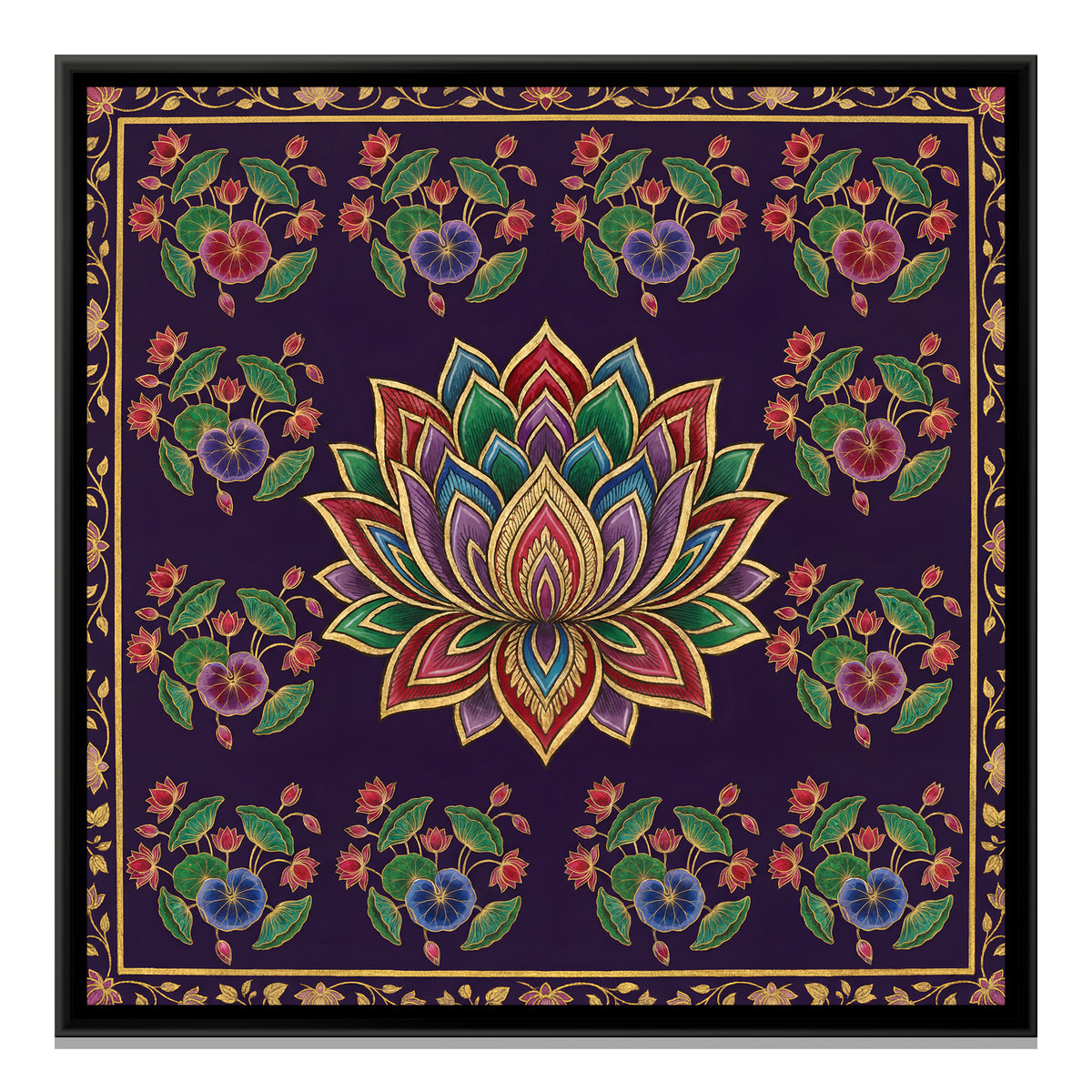 Pichwai Lotus Grid — framed canvas print, front view