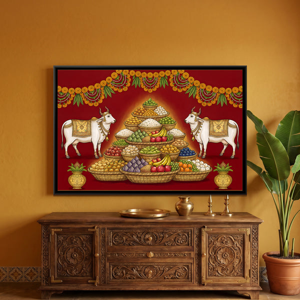 Pichwai Annakut — framed canvas art hung on a wall