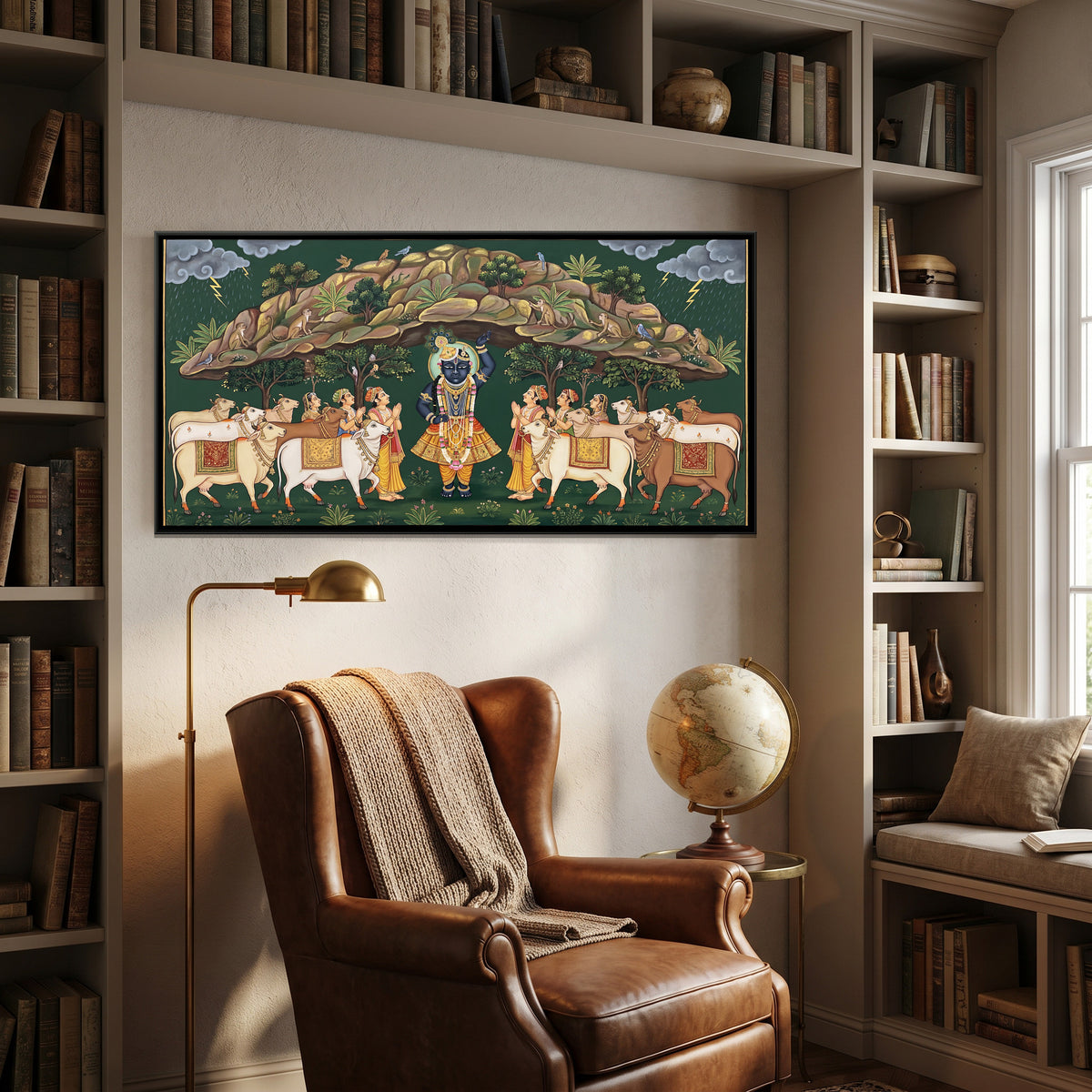 Shrinathji Govardhan Leela — canvas art shown in a styled room