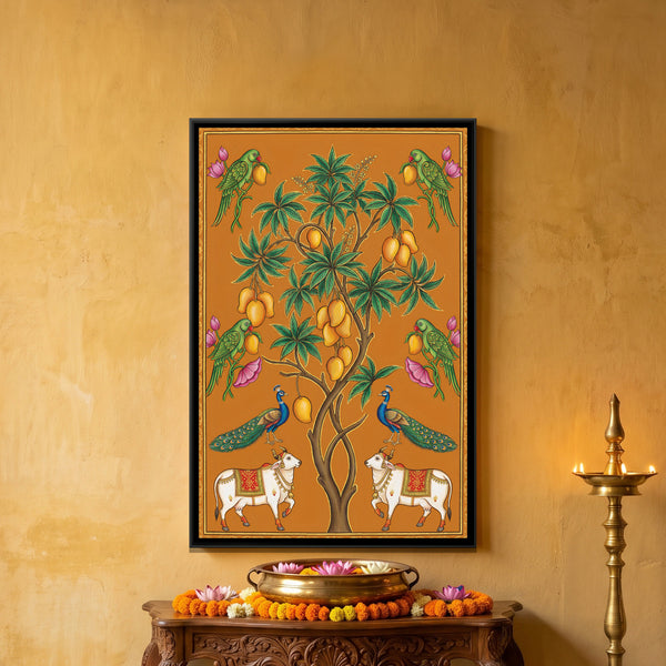 Pichwai Mango Tree — framed canvas art hung on a wall