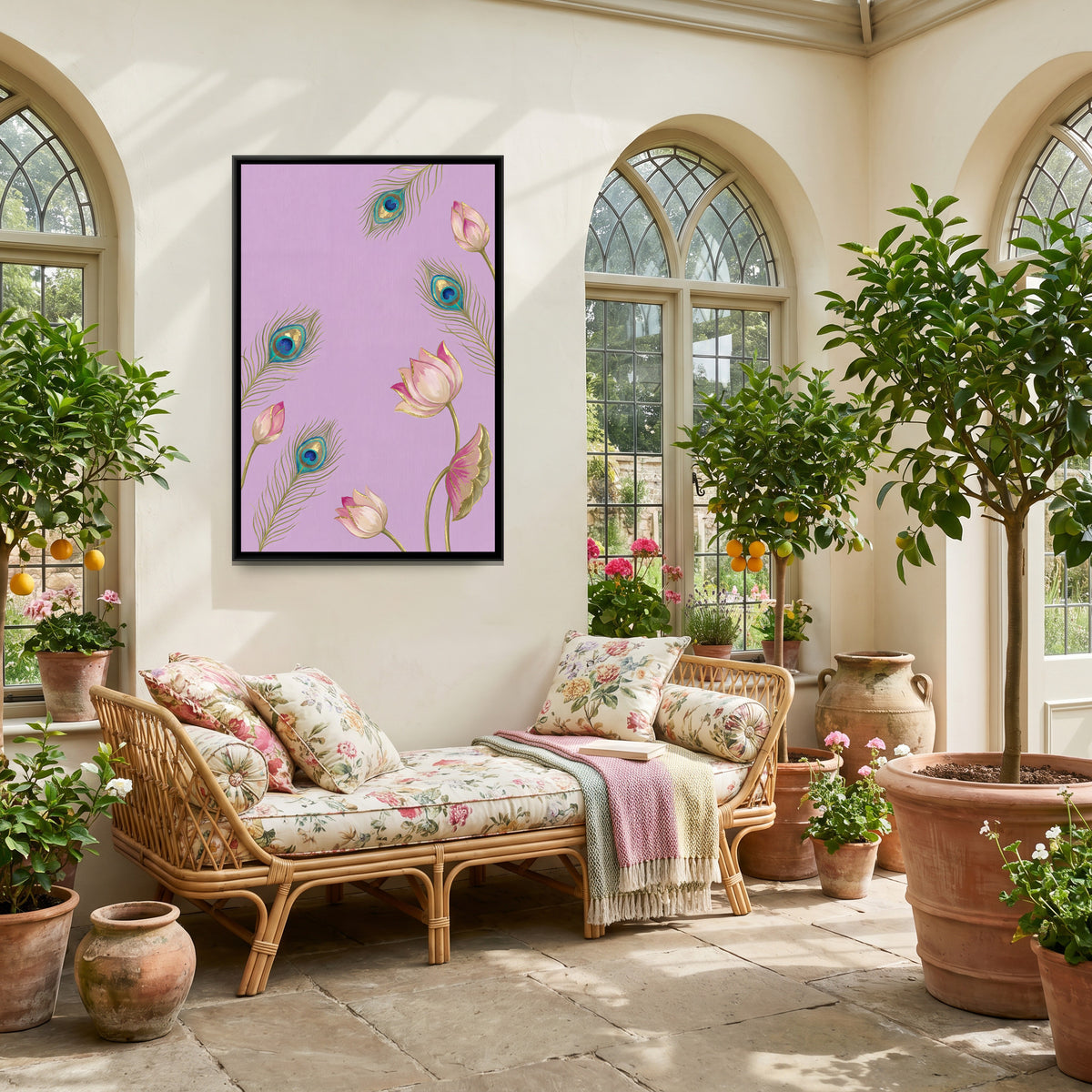 Pichwai Peacock Feathers — canvas art shown in a second room setting