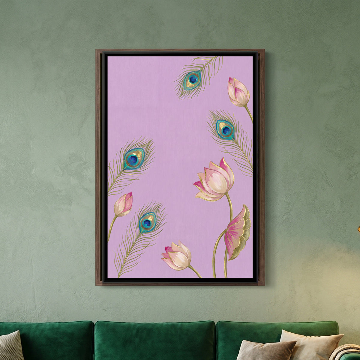 Pichwai Peacock Feathers — framed canvas art hung on a wall