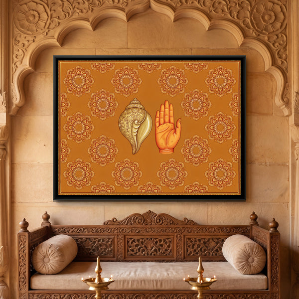 Shankh and Blessing Hand — framed canvas art hung on a wall