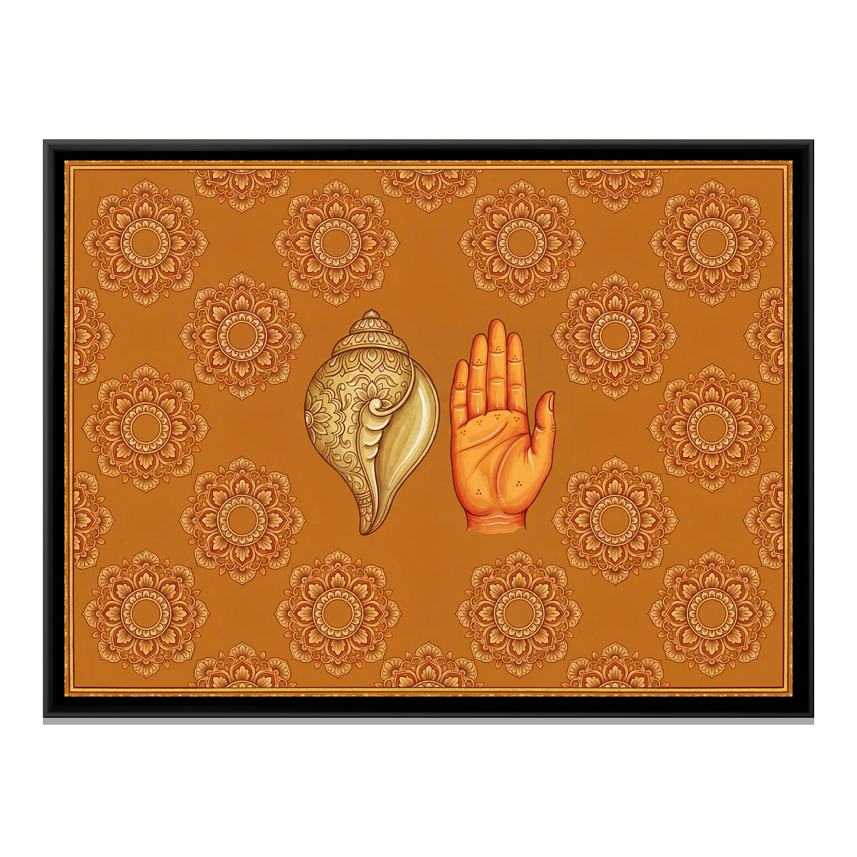 Shankh and Blessing Hand — framed canvas print, front view