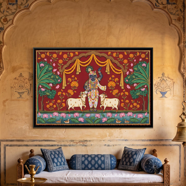 Pichwai Shrinathji with Cows — framed canvas art hung on a wall