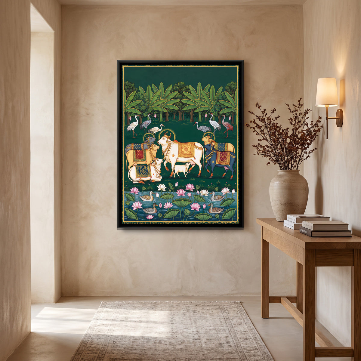 Pichwai Cows by the Lotus Pond — canvas art shown in a second room setting