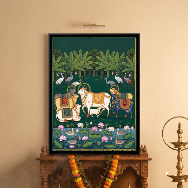 Pichwai Cows by the Lotus Pond — framed canvas art hung on a wall