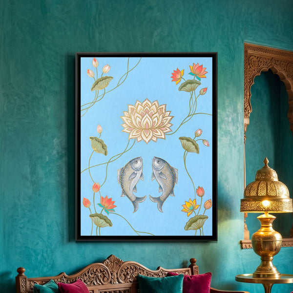 Pichwai Fish and Lotus — framed canvas art hung on a wall