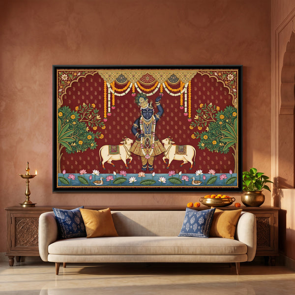 Pichwai Shrinathji — framed canvas art hung on a wall