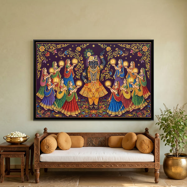 Pichwai Raas Leela — framed canvas art hung on a wall