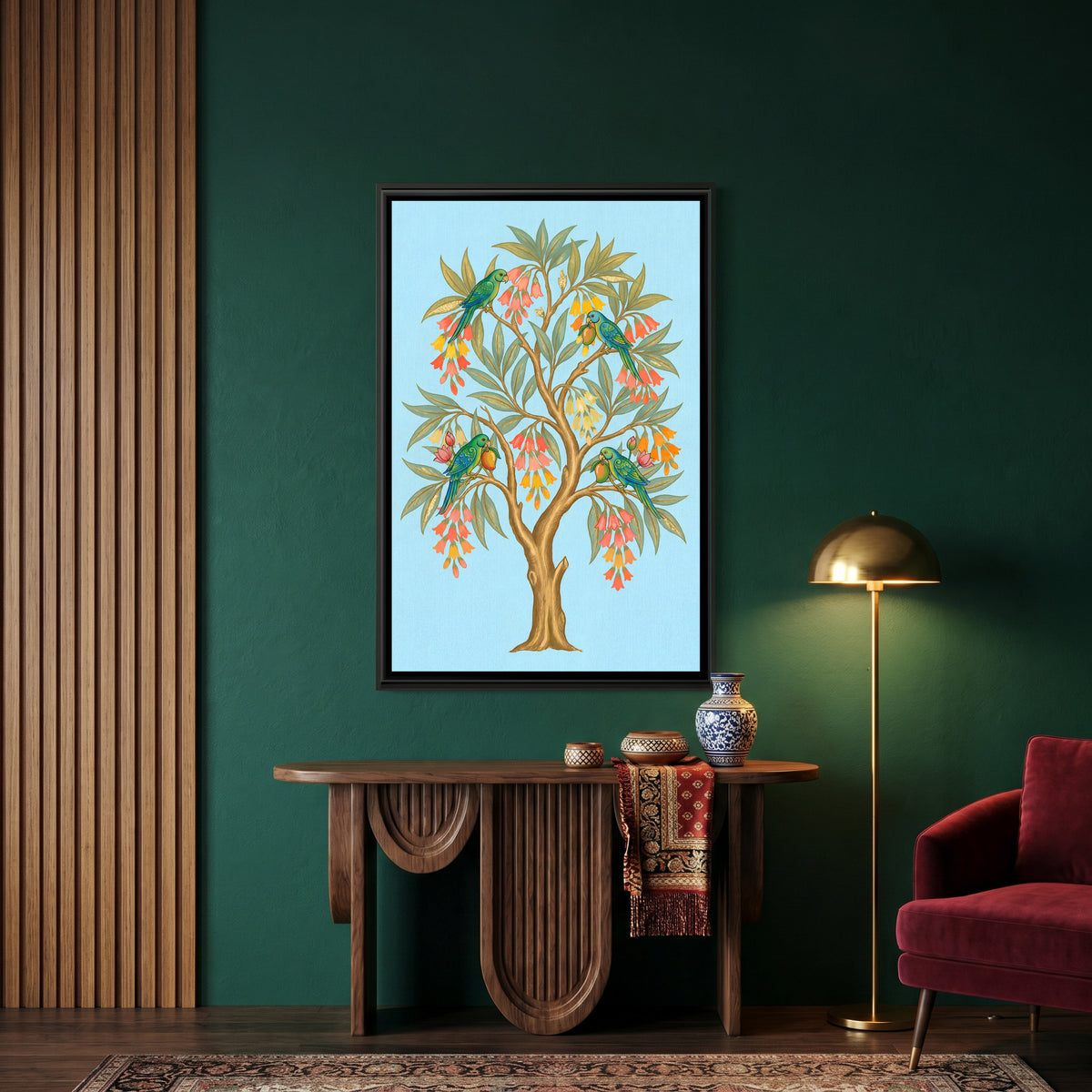 Pichwai Ashoka Tree — canvas art shown in a styled room