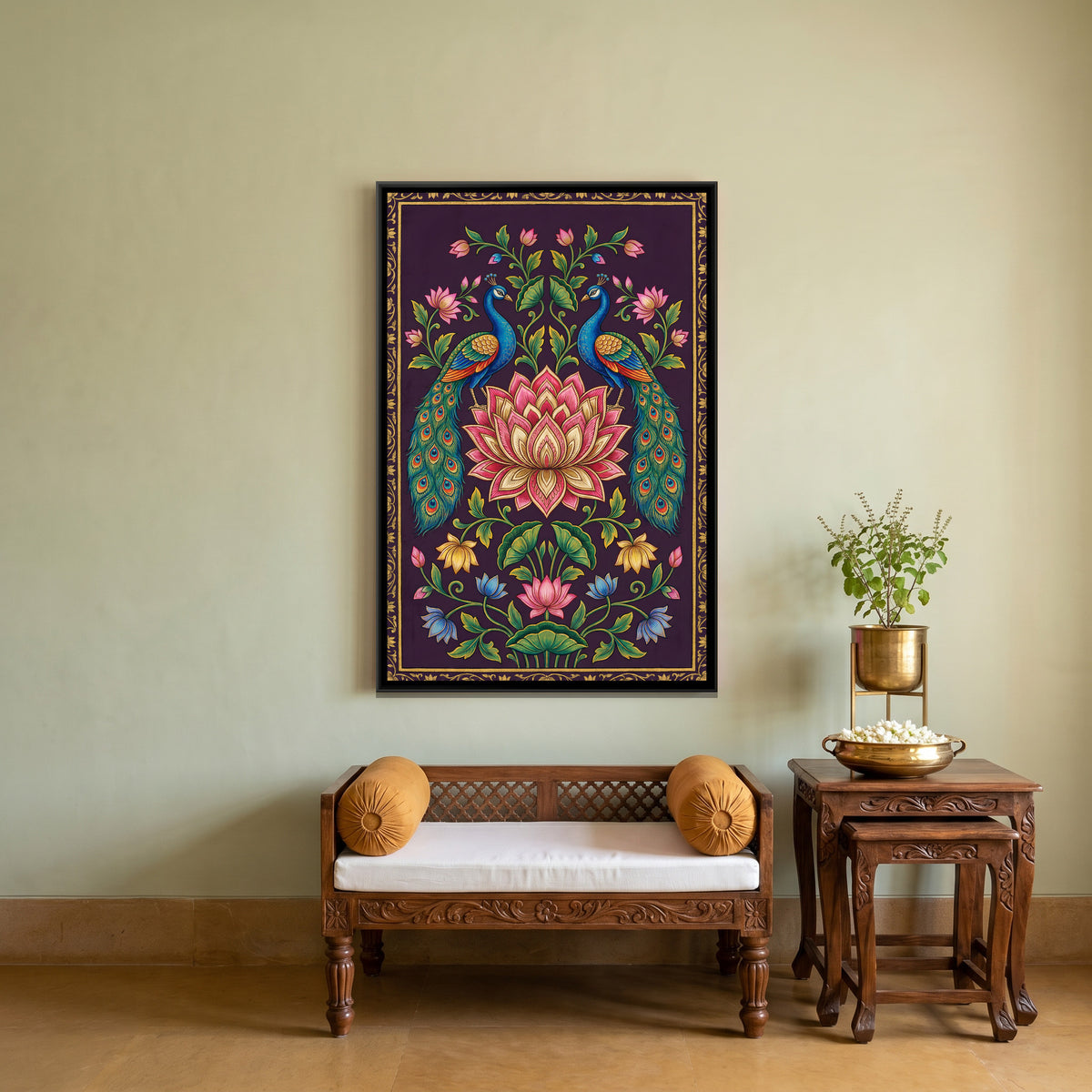 Pichwai Peacocks and Lotus — canvas art shown in a second room setting