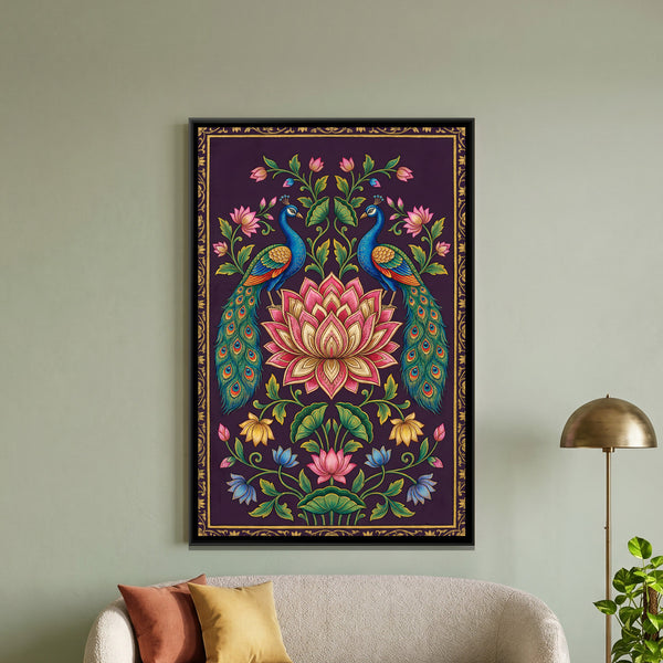 Pichwai Peacocks and Lotus — framed canvas art hung on a wall