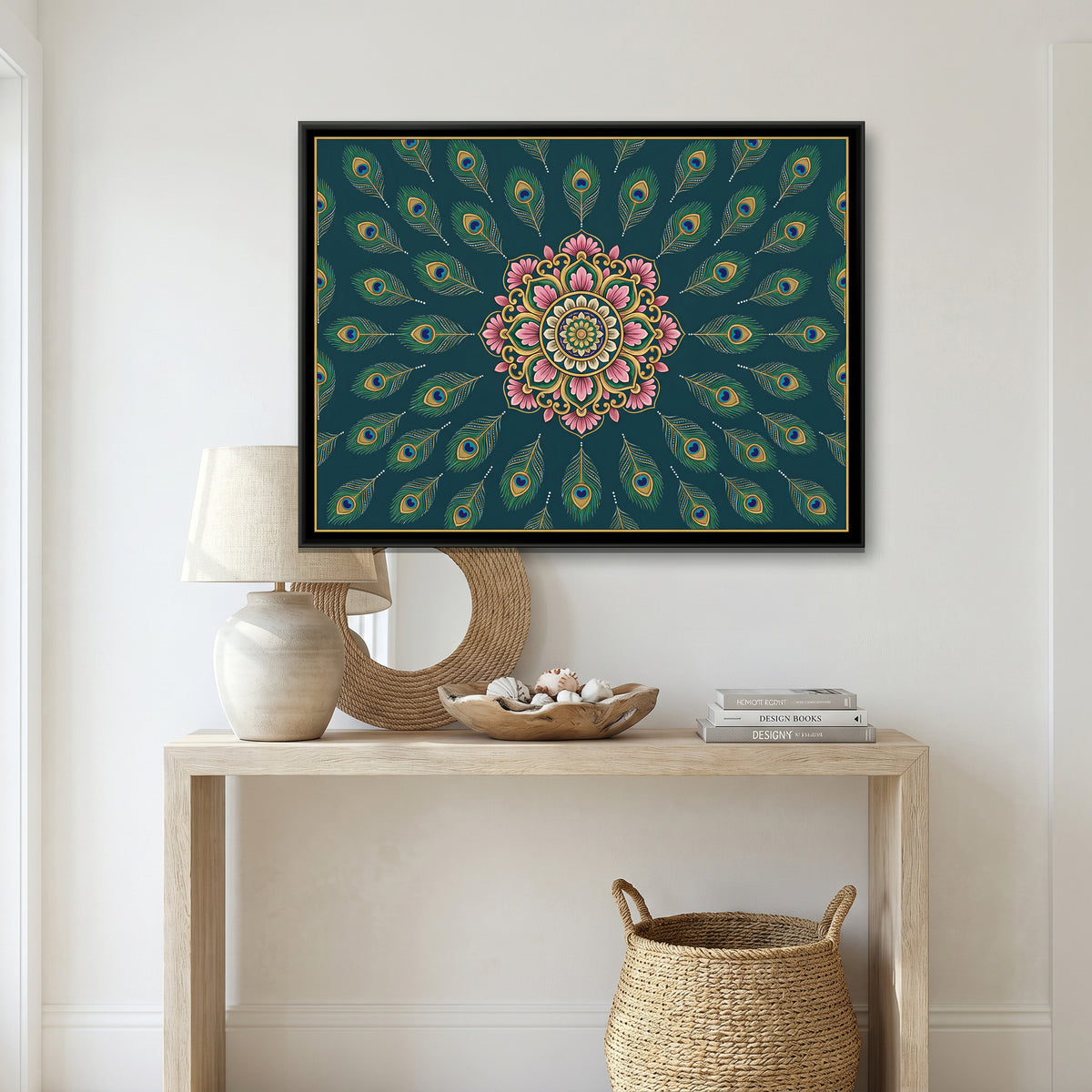 Peacock Feather Mandala — canvas art shown in a styled room