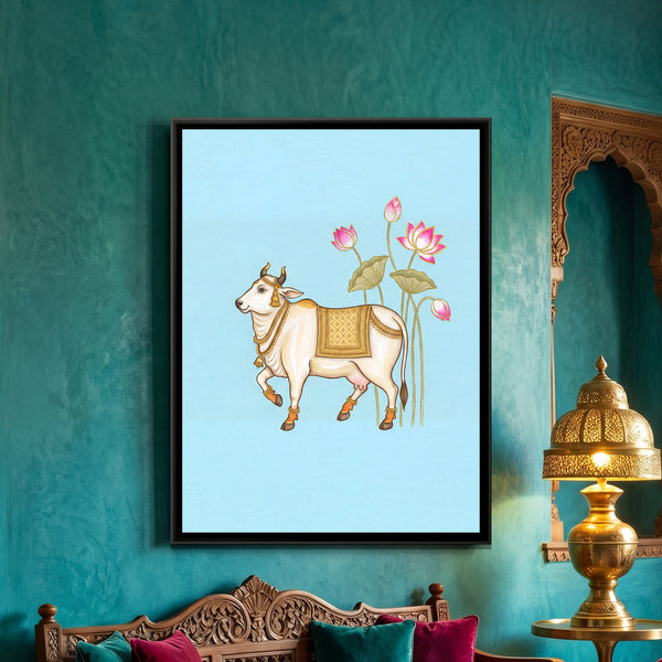 Pichwai Cow — framed canvas art hung on a wall