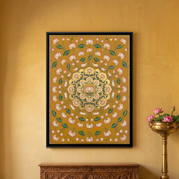 Pichwai Lotus and Cows — framed canvas art hung on a wall
