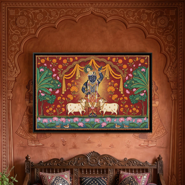 Pichwai Shrinathji with Cows — framed canvas art hung on a wall