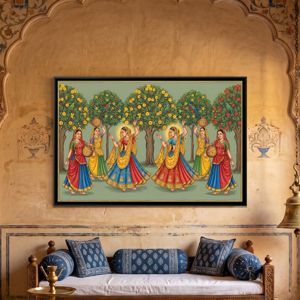 Pichwai Gopis — framed canvas art hung on a wall