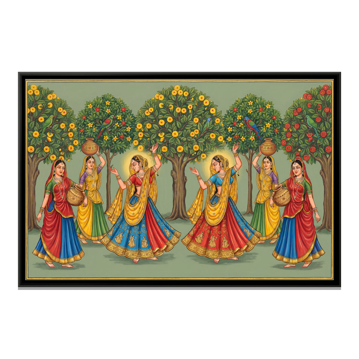 Pichwai Gopis — framed canvas print, front view