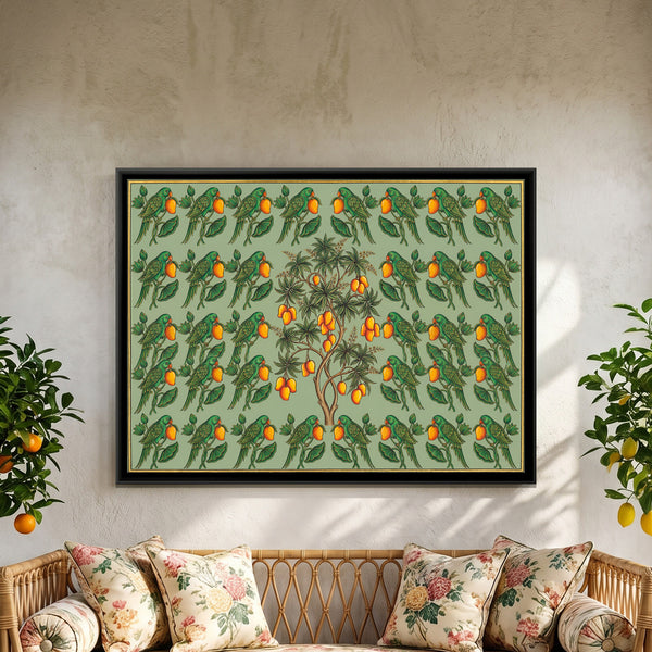 Pichwai Parrots and Mangoes — framed canvas art hung on a wall