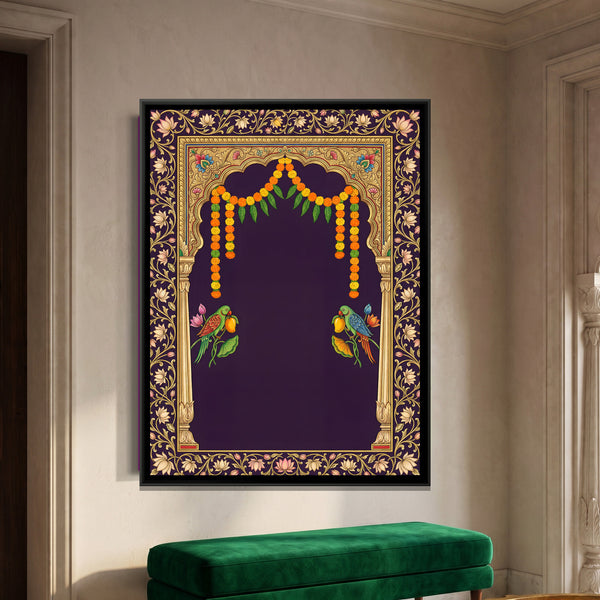 Pichwai Toran Arch — framed canvas art hung on a wall