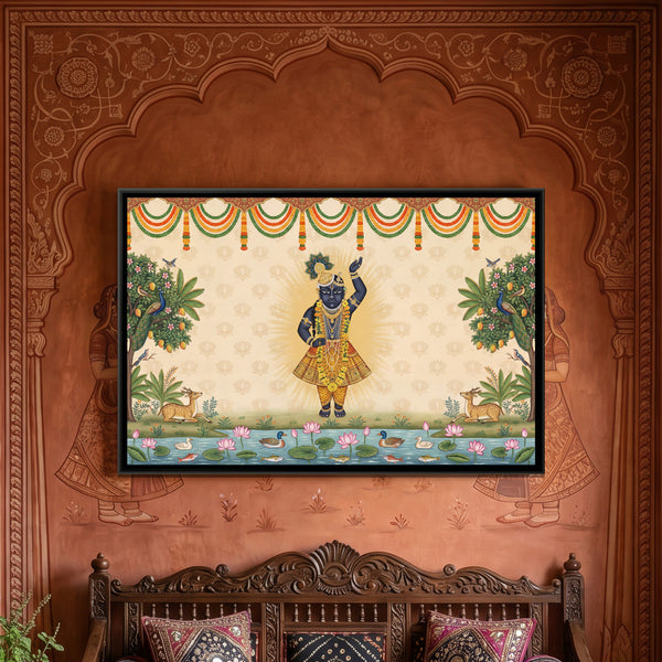 Pichwai Shrinathji — framed canvas art hung on a wall